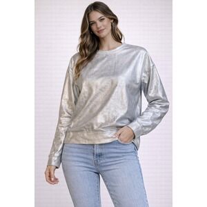 PILCRO Womens Silver Metallic Shimmer Long Sleeve Sweatshirt Top Size M